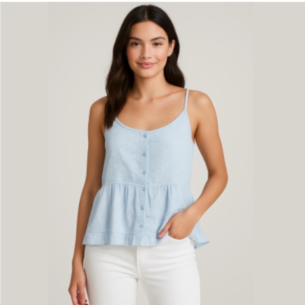Victorian  Laces Light Blue Camisole eyelets top with Buttons ruffle trim Sz XL